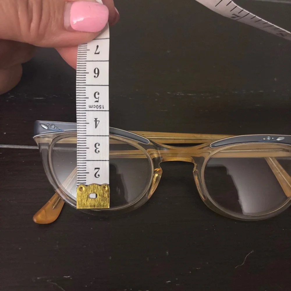 Vintage Shuron‎ Cat Eye FRAMES 5 1/4 US Grey Aluminum Brow Rhinestone Amber 50s